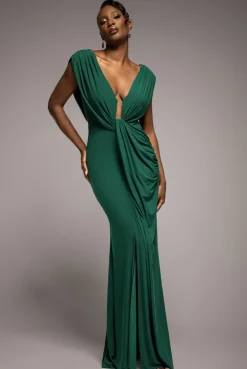 Cowl Plunge Draped Mermaid Maxi Dress - Emerald Green by Goddiva