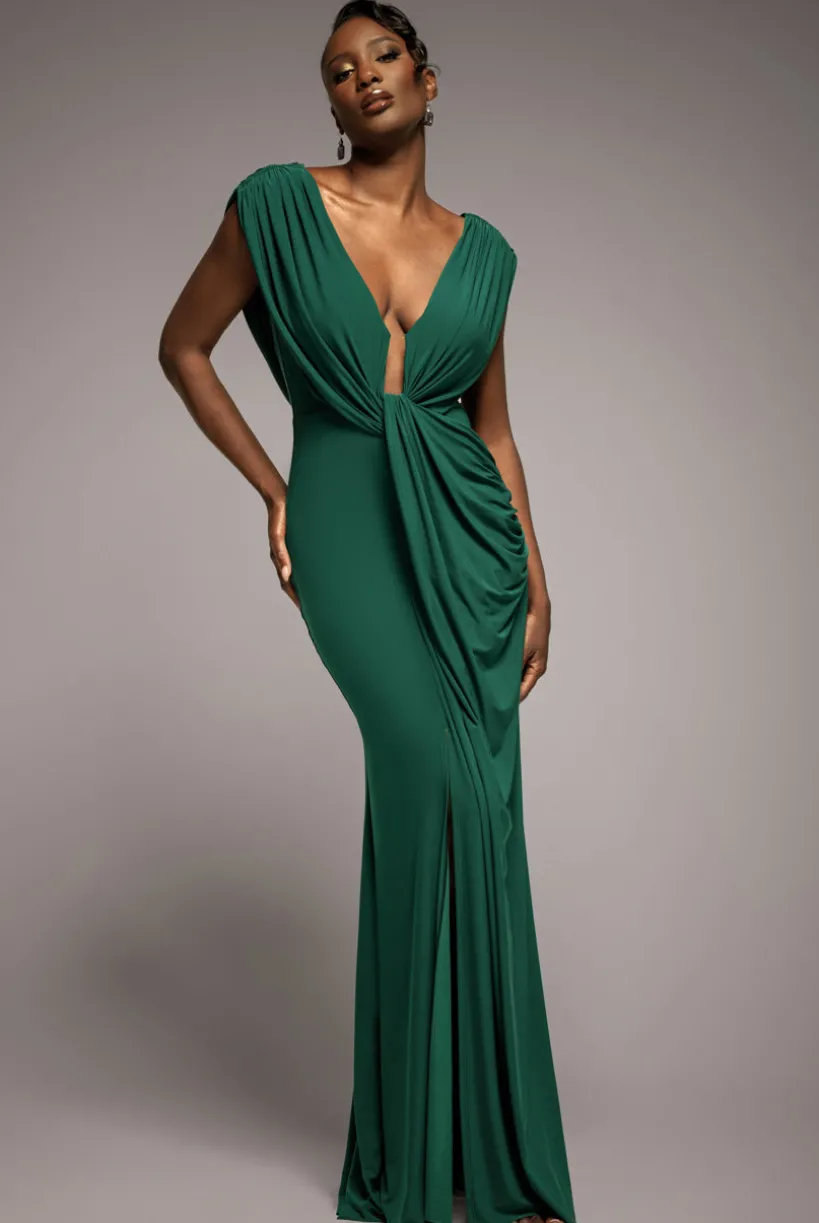 Cowl Plunge Draped Mermaid Maxi Dress - Emerald Green by Goddiva