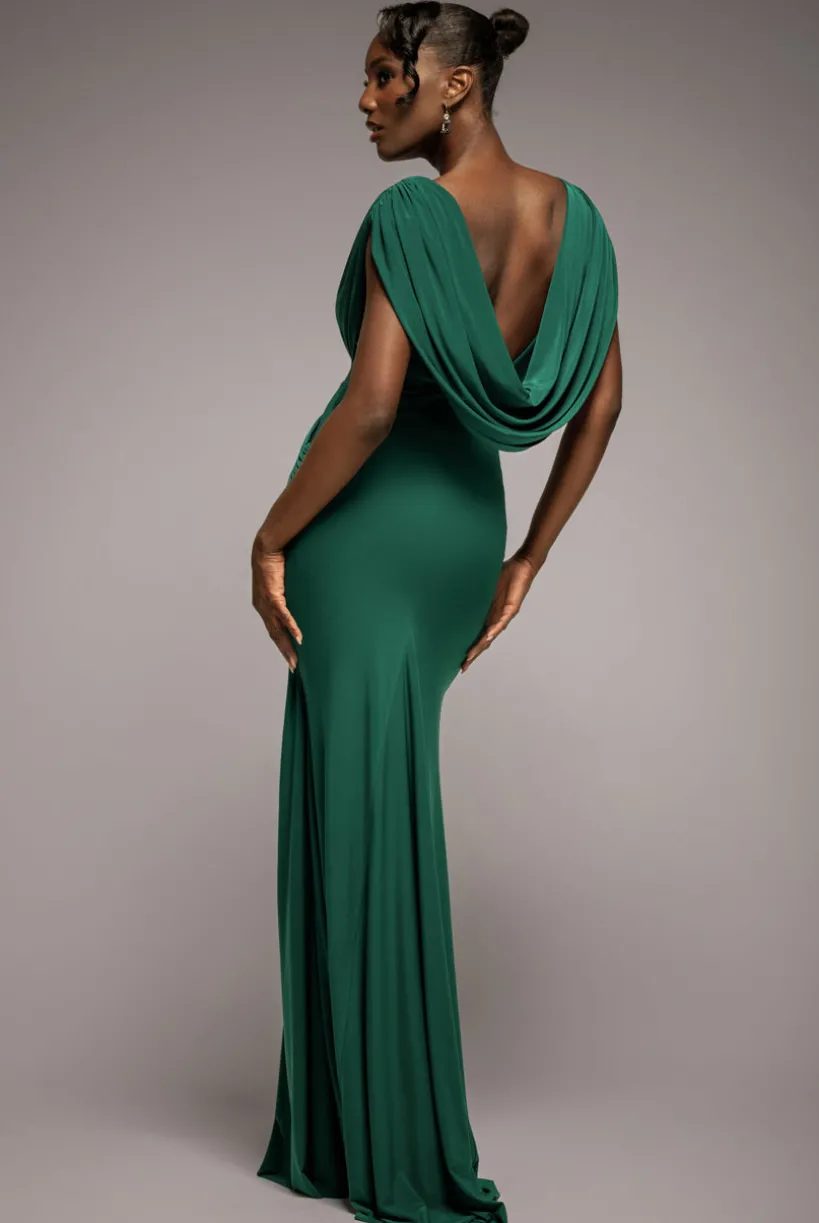 Cowl Plunge Draped Mermaid Maxi Dress - Emerald Green by Goddiva