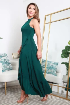 Crepe Halter Neck Wrap Front Frill Maxi Dress by Double Second