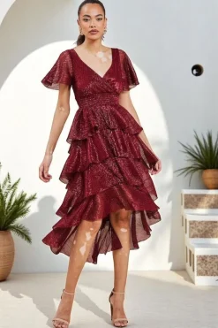 Crinkle Lurex High Low Layered Midi Dress - Wine by Goddiva