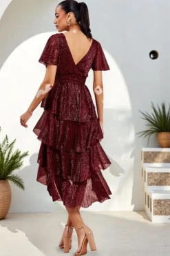 Crinkle Lurex High Low Layered Midi Dress - Wine by Goddiva