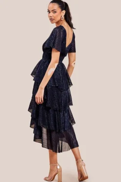 Crinkle Lurex High Low Layered Midi Dress - Navy by Goddiva