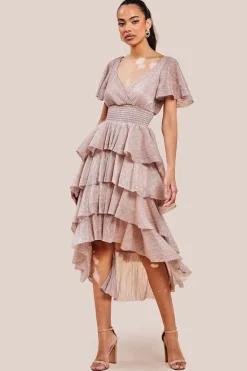 Crinkle Lurex High Low Layered Midi Dress - Blush by Goddiva