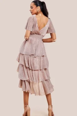 Crinkle Lurex High Low Layered Midi Dress - Blush by Goddiva