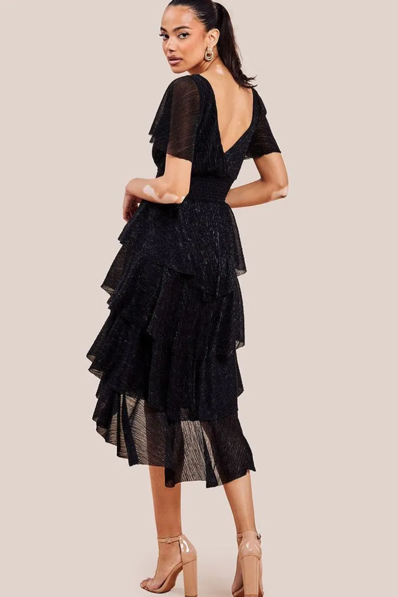 Crinkle Lurex High Low Layered Midi Dress - Black by Goddiva