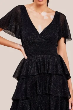 Crinkle Lurex High Low Layered Midi Dress - Black by Goddiva
