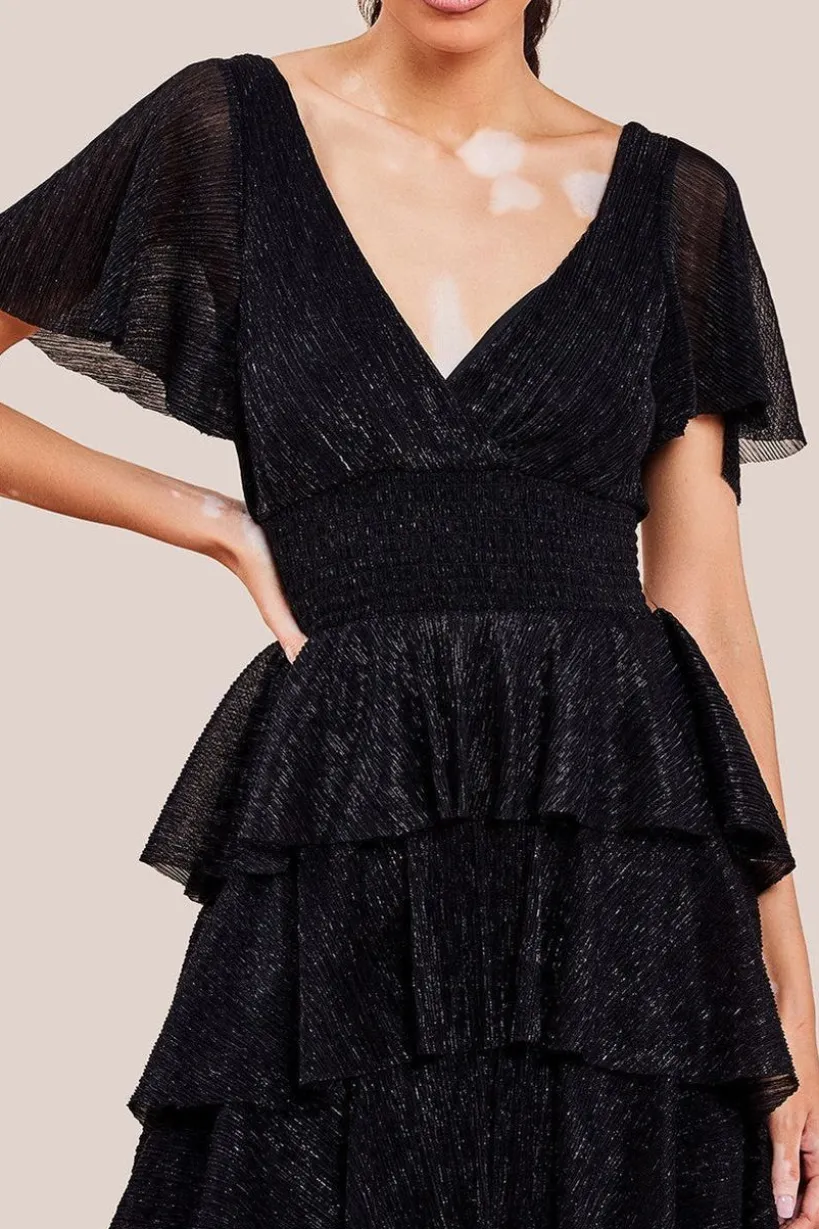Crinkle Lurex High Low Layered Midi Dress - Black by Goddiva