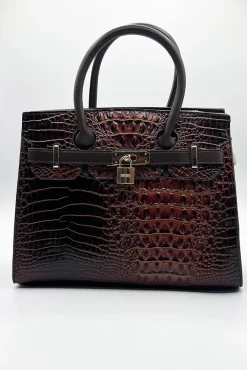 Croc Buckle Top Handle Bag In Brown by SVNX