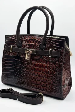 Croc Buckle Top Handle Bag In Brown by SVNX