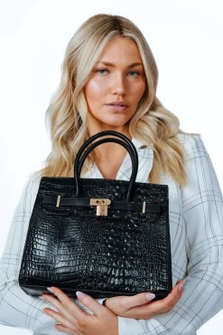 Croc Buckle Top Handle Bag In Black by SVNX