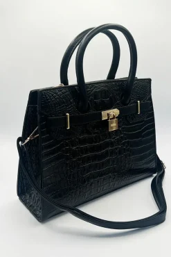 Croc Buckle Top Handle Bag In Black by SVNX