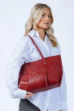 Croc Patent Tote Bag In Dark Red by SVNX