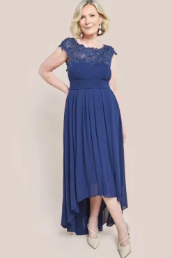 Crochet & Pleated Top High Low Maxi Dress - Navy by Goddiva