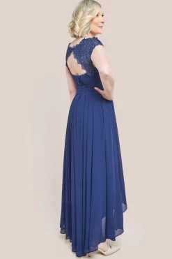 Crochet & Pleated Top High Low Maxi Dress - Navy by Goddiva