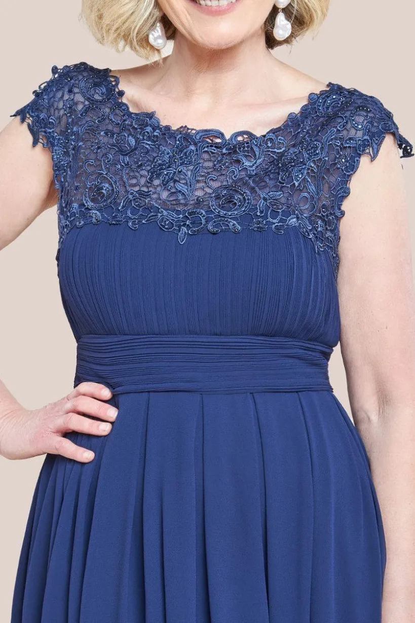 Crochet & Pleated Top High Low Maxi Dress - Navy by Goddiva