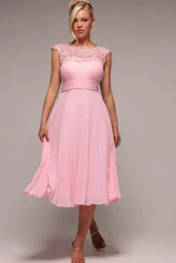 Crochet & Pleated Top Midi Dress - Blush Pink by Goddiva