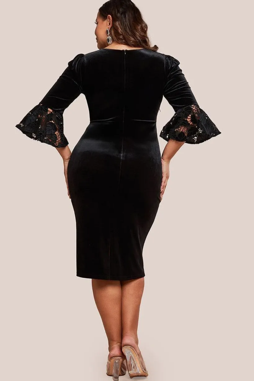 Crochet Velvet Wrap Midi Dress - Black by Goddiva Plus