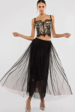 Cropped Lace Corset Tulle Gathered Midaxi Skirt With Embroidered Stretch Mesh Gloves & Jersey Scarf - Black by Goddiva