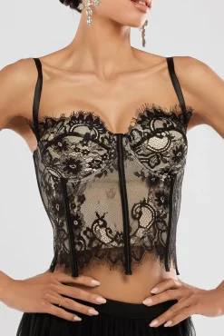 Cropped Lace Corset Tulle Gathered Midaxi Skirt With Embroidered Stretch Mesh Gloves & Jersey Scarf - Black by Goddiva