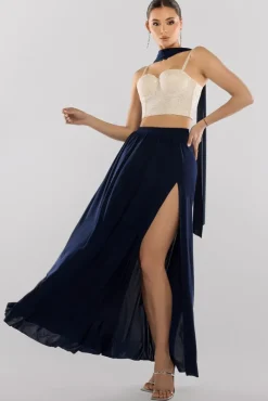 Cropped Sleeveless Sequin Corset Side Split Jersey Maxi Skirt With Jersey Scarf - Cream & Navy by Goddiva