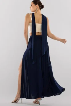 Cropped Sleeveless Sequin Corset Side Split Jersey Maxi Skirt With Jersey Scarf - Cream & Navy by Goddiva