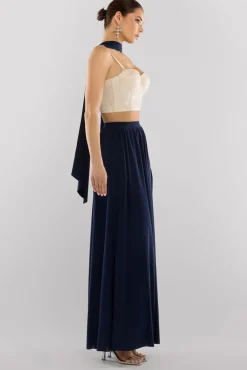Cropped Sleeveless Sequin Corset Side Split Jersey Maxi Skirt With Jersey Scarf - Cream & Navy by Goddiva