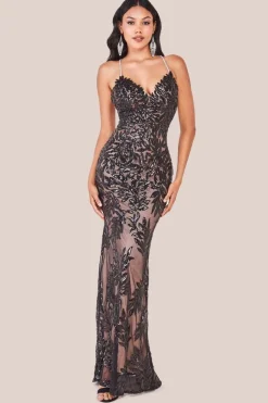 Cross Back Diamante Strap Sequin Maxi - Black by Goddiva