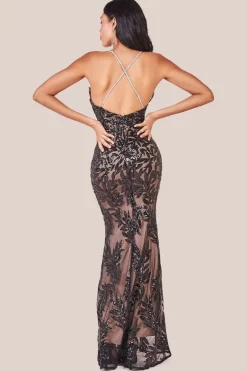 Cross Back Diamante Strap Sequin Maxi - Black by Goddiva