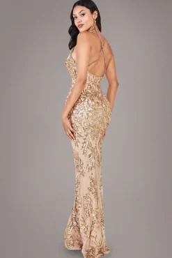 Cross Back Diamante Strap Sequin Maxi - Gold by Goddiva