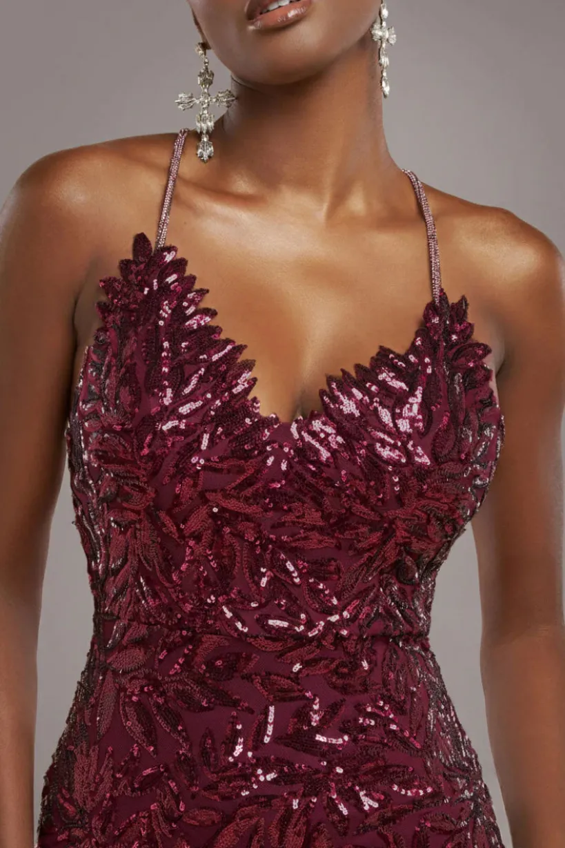 Cross Back Diamante Strap Sequin Maxi - Burgundy by Goddiva