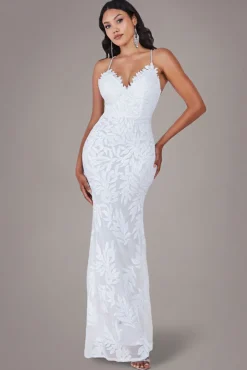 Cross Back Diamante Strap Sequin Maxi - White by Goddiva