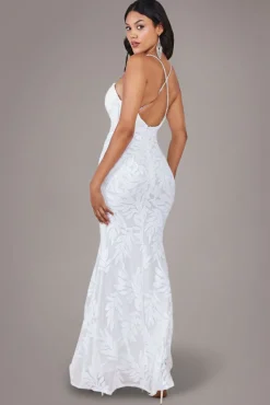 Cross Back Diamante Strap Sequin Maxi - White by Goddiva