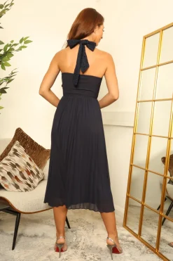 Cross Halterneck Pleated Skirt Midi Dress by Double Second