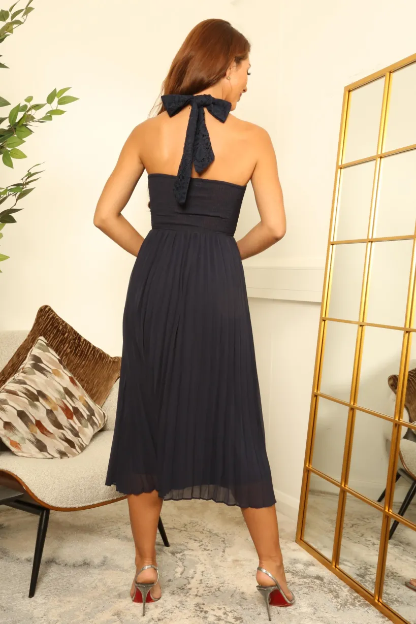Cross Halterneck Pleated Skirt Midi Dress by Double Second