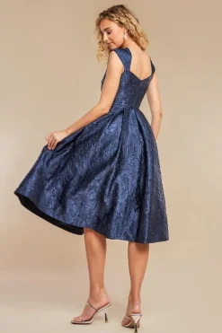 Crushed Satin Sleeveless A Line Midi Dress - Navy Blue by Goddiva