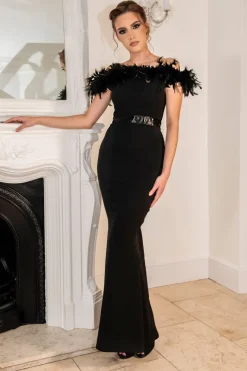 Crystal Fishtail Bardot Feather Trim Dress by Saint A