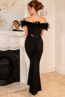 Crystal Fishtail Bardot Feather Trim Dress by Saint A