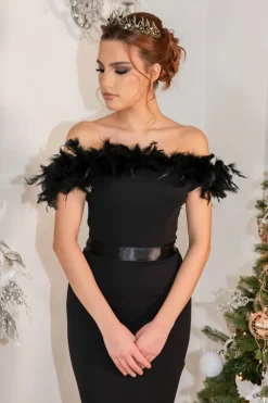 Crystal Fishtail Bardot Feather Trim Dress by Saint A