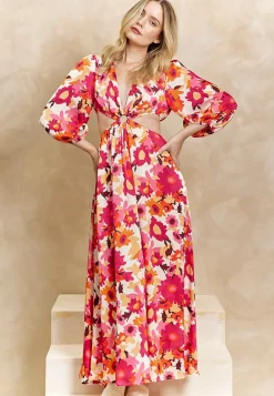 Cut Out Long Sleeve Maxi Dress In Pink Floral Print by Angeleye