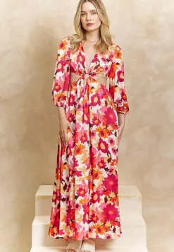 Cut Out Long Sleeve Maxi Dress In Pink Floral Print by Angeleye