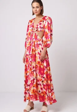 Cut Out Long Sleeve Maxi Dress In Pink Floral Print by Angeleye