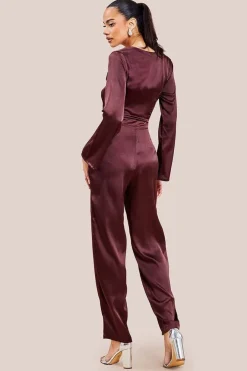 Cut Out Satin Jumpsuit - Brown by Goddiva