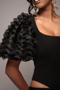 3D Textured Sleeve Scuba Corset Top - Black by Goddiva