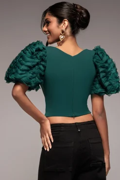 3D Textured Sleeve Scuba Corset Top - Emerald Green by Goddiva