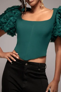 3D Textured Sleeve Scuba Corset Top - Emerald Green by Goddiva