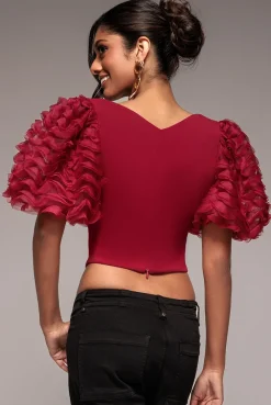 3D Textured Sleeve Scuba Corset Top - Burgundy by Goddiva