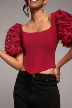 3D Textured Sleeve Scuba Corset Top - Burgundy by Goddiva