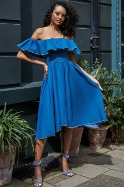 Denim Frilled Bardot High Low Dress - Blue Denim by Goddiva