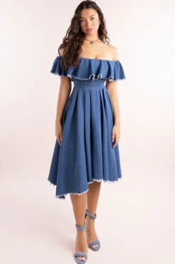 Denim Frilled Bardot High Low Dress - Blue Denim by Goddiva